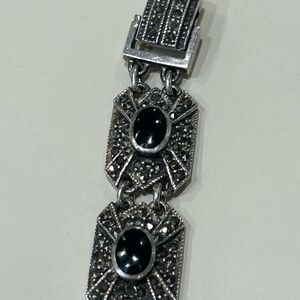 Vintage Art Deco Onyx, Marcasite and Sterling Silver Bracelet